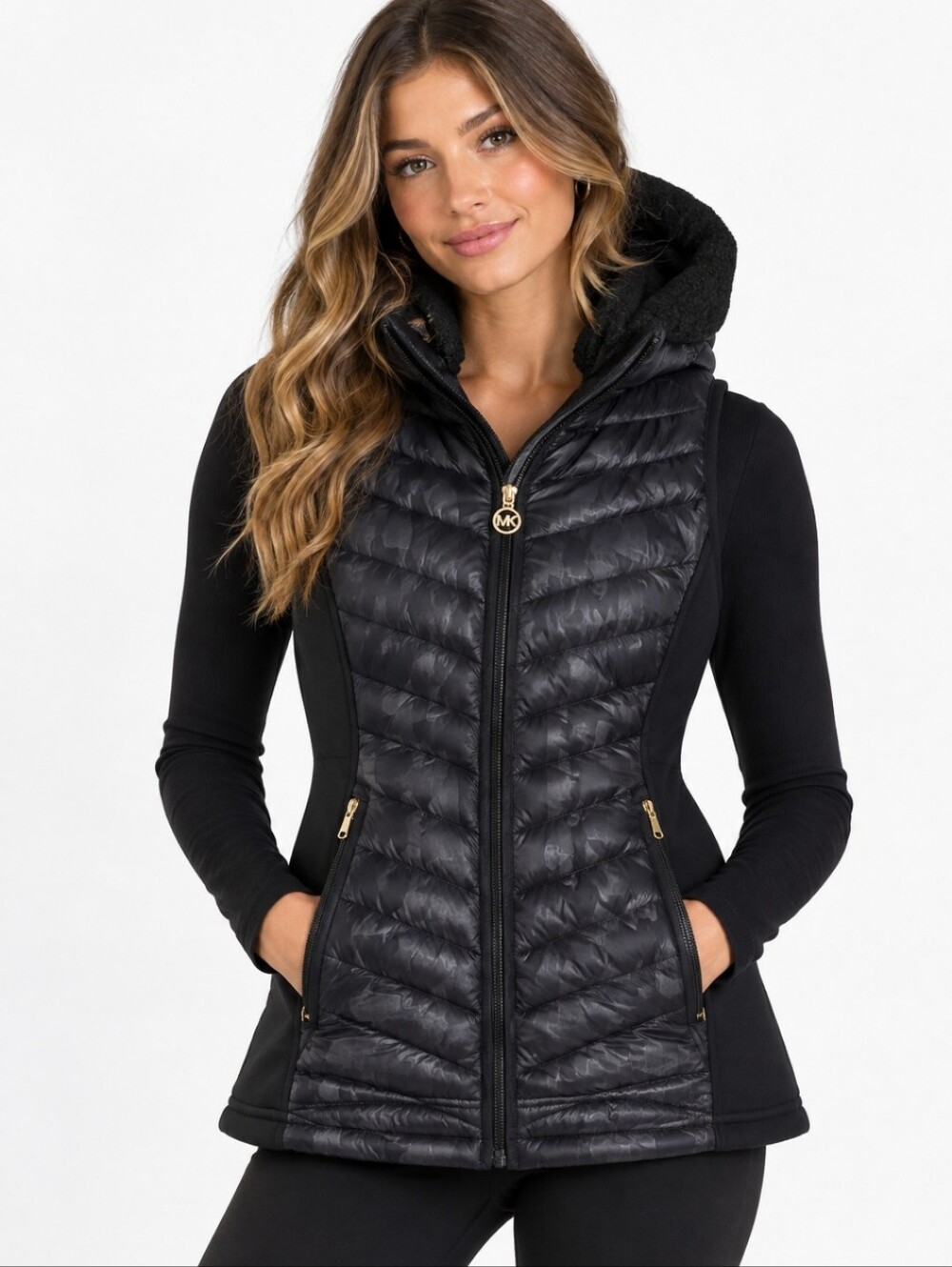 Michael Kors Black Hooded Vest with Gold Accents